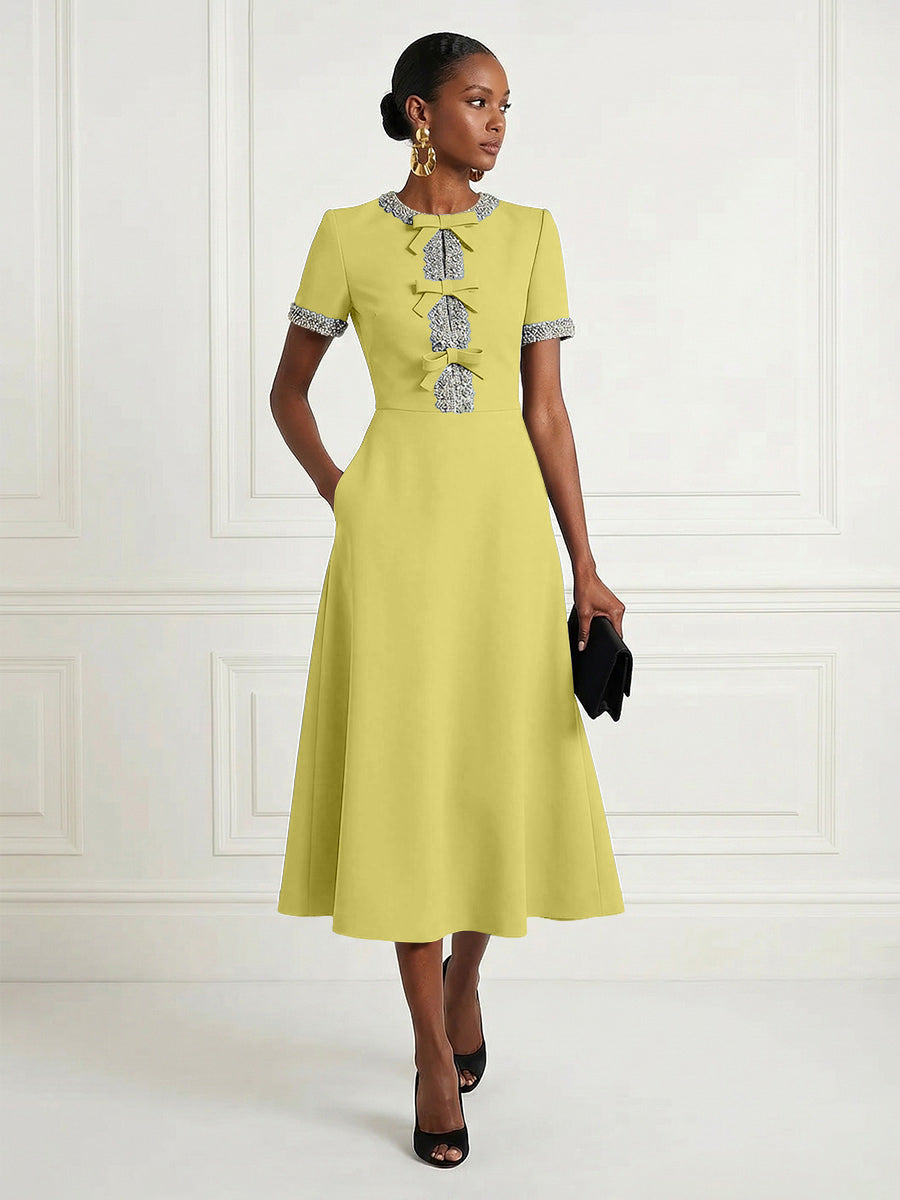 Satin A-Line/Princess Scoop Neck Tea-Length Cocktail Dresses with Rhinestones