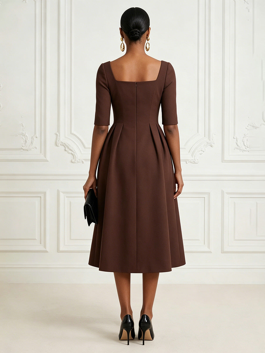 Satin A-Line/Princess Square Neck Tea-Length Cocktail Dresses with Ruched Waist