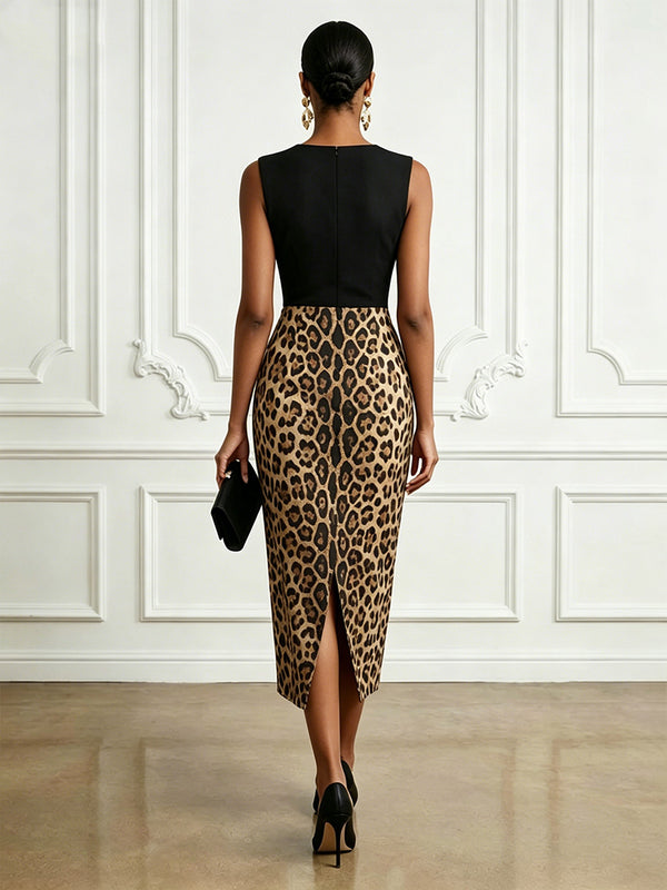 Satin Sheath/Column Scoop Neck Tea-Length Cocktail Dresses with Leopard Print