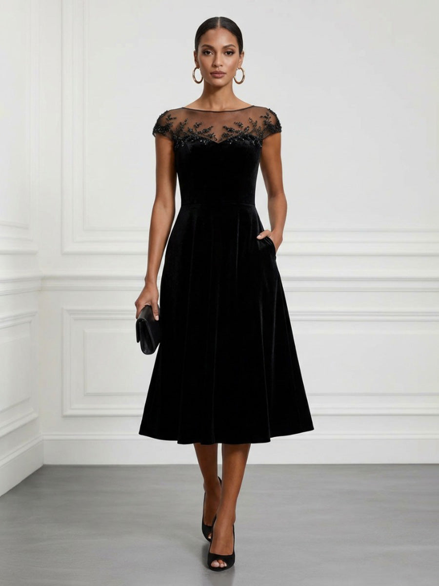 Satin A-Line/Princess Scoop Neck Tea-Length Cocktail Dresses with Pockets