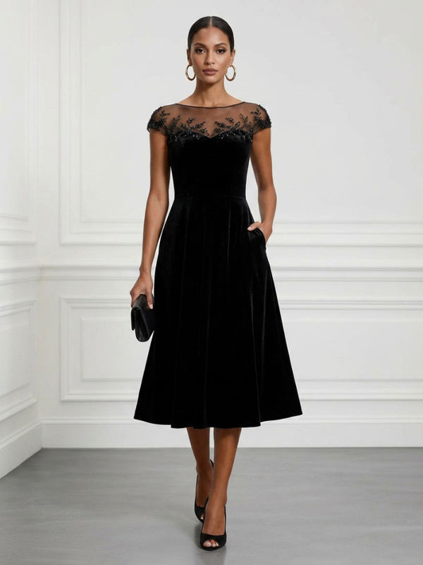 Satin A-Line/Princess Scoop Neck Tea-Length Cocktail Dresses with Pockets