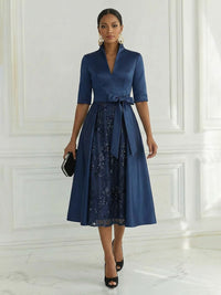 Satin A-Line/Princess V-Neck Tea-Length Cocktail Dresses with Sequin Floral