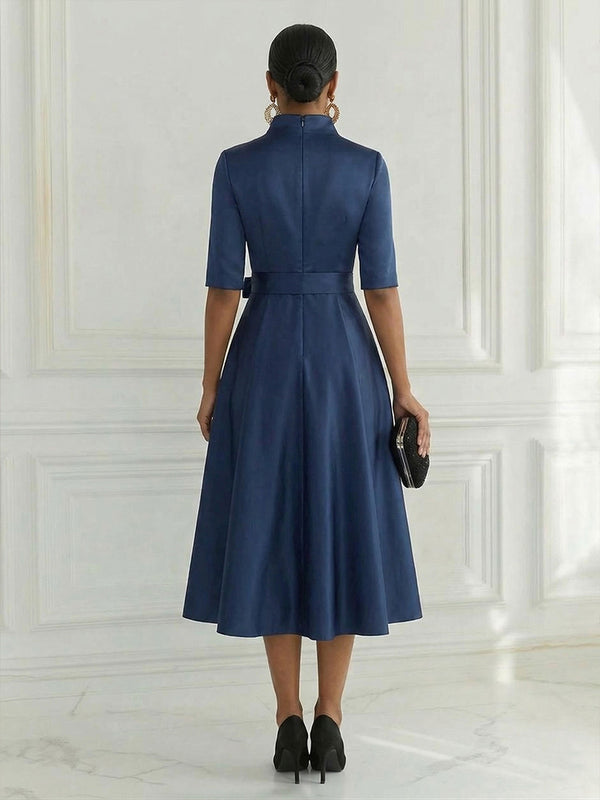 Satin A-Line/Princess V-Neck Tea-Length Cocktail Dresses with Sequin Floral