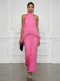 Chiffon Sheath/Column High Neck Floor-Length Cocktail Dresses with Feather Trim