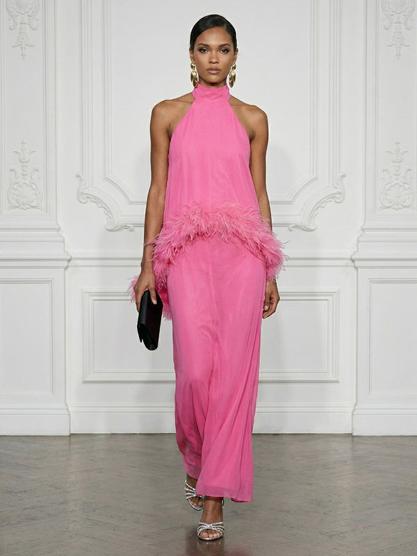 Chiffon Sheath/Column High Neck Floor-Length Cocktail Dresses with Feather Trim