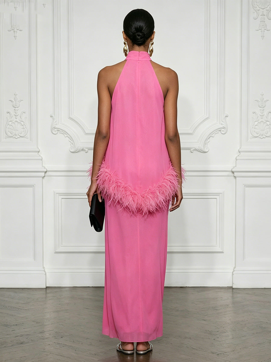 Chiffon Sheath/Column High Neck Floor-Length Cocktail Dresses with Feather Trim