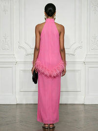 Chiffon Sheath/Column High Neck Floor-Length Cocktail Dresses with Feather Trim