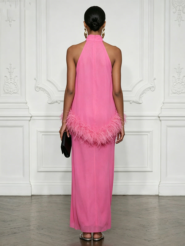 Chiffon Sheath/Column High Neck Floor-Length Cocktail Dresses with Feather Trim