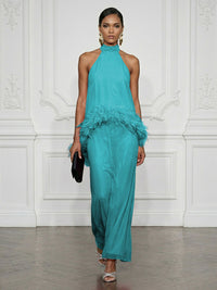 Chiffon Sheath/Column High Neck Floor-Length Cocktail Dresses with Feather Trim