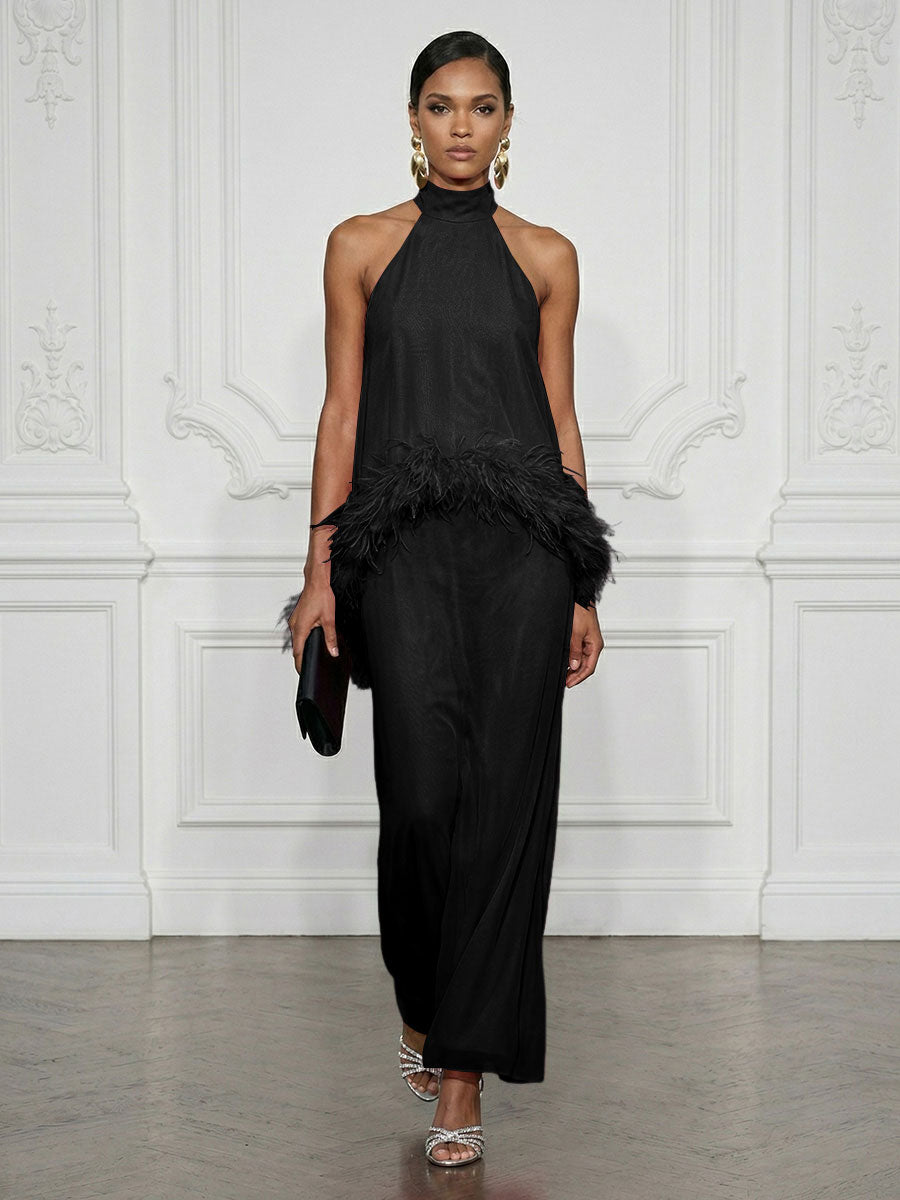 Chiffon Sheath/Column High Neck Floor-Length Cocktail Dresses with Feather Trim