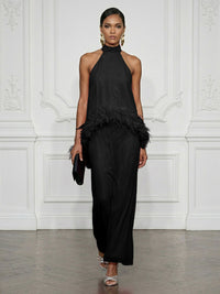 Chiffon Sheath/Column High Neck Floor-Length Cocktail Dresses with Feather Trim