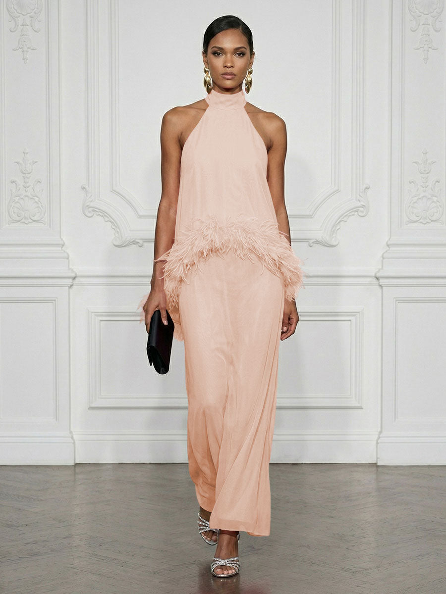 Chiffon Sheath/Column High Neck Floor-Length Cocktail Dresses with Feather Trim