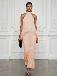 Chiffon Sheath/Column High Neck Floor-Length Cocktail Dresses with Feather Trim