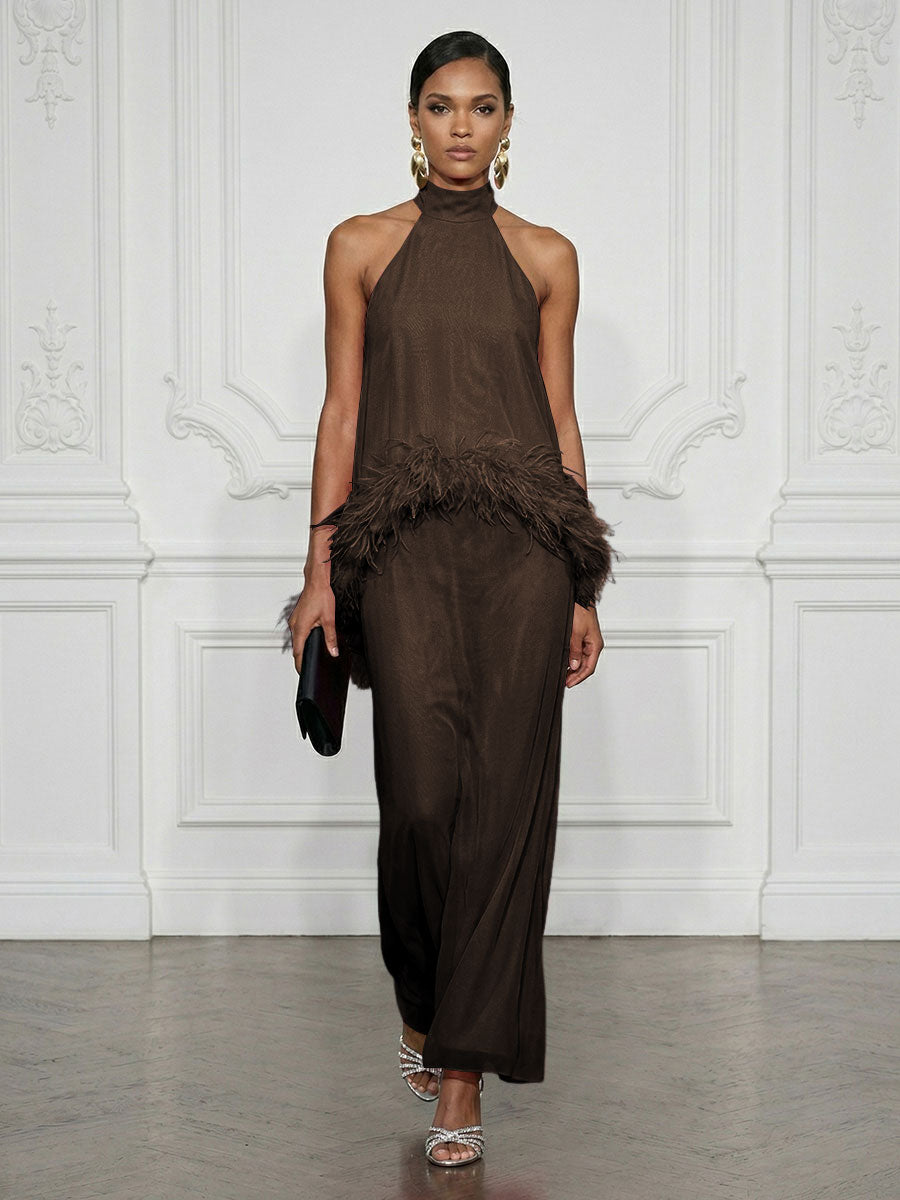 Chiffon Sheath/Column High Neck Floor-Length Cocktail Dresses with Feather Trim