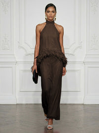 Chiffon Sheath/Column High Neck Floor-Length Cocktail Dresses with Feather Trim