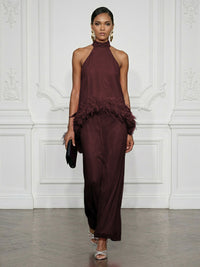 Chiffon Sheath/Column High Neck Floor-Length Cocktail Dresses with Feather Trim