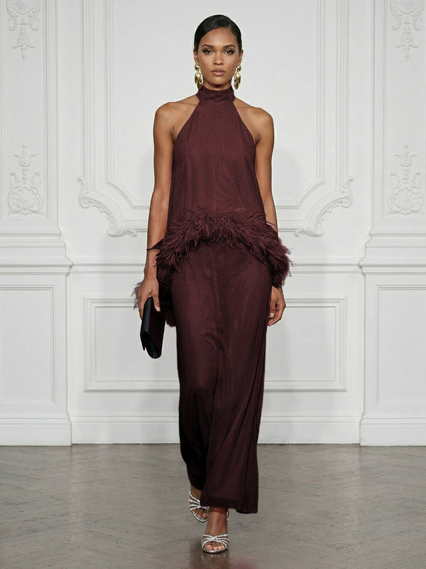 Chiffon Sheath/Column High Neck Floor-Length Cocktail Dresses with Feather Trim