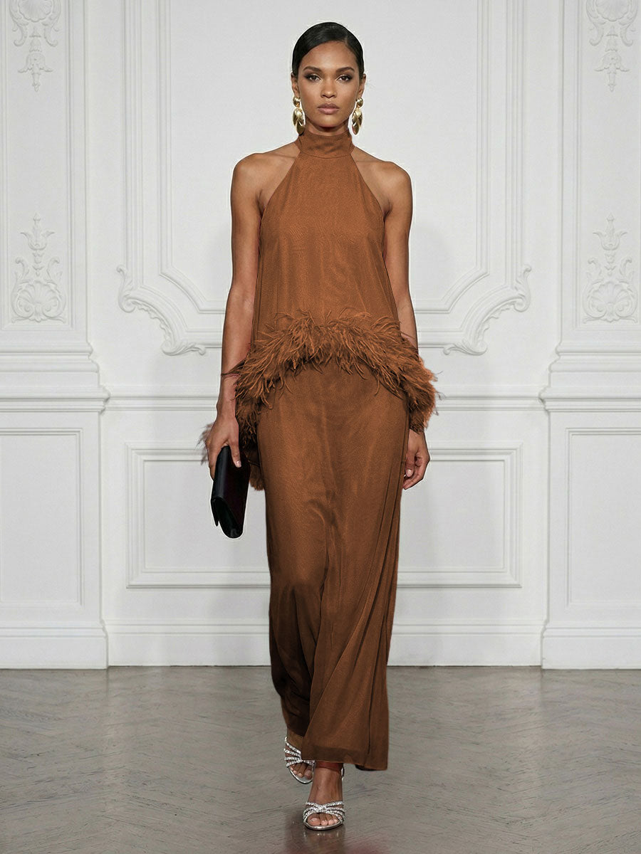 Chiffon Sheath/Column High Neck Floor-Length Cocktail Dresses with Feather Trim