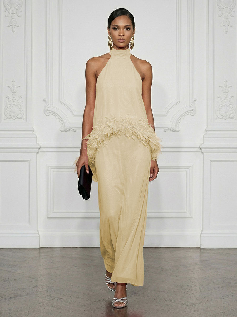 Chiffon Sheath/Column High Neck Floor-Length Cocktail Dresses with Feather Trim