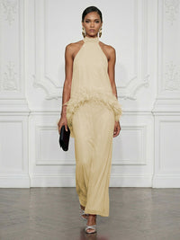 Chiffon Sheath/Column High Neck Floor-Length Cocktail Dresses with Feather Trim