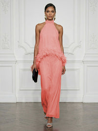 Chiffon Sheath/Column High Neck Floor-Length Cocktail Dresses with Feather Trim
