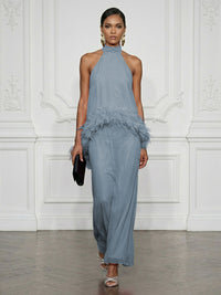Chiffon Sheath/Column High Neck Floor-Length Cocktail Dresses with Feather Trim