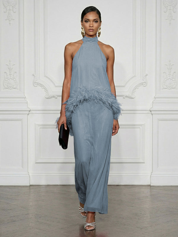 Chiffon Sheath/Column High Neck Floor-Length Cocktail Dresses with Feather Trim