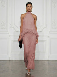 Chiffon Sheath/Column High Neck Floor-Length Cocktail Dresses with Feather Trim