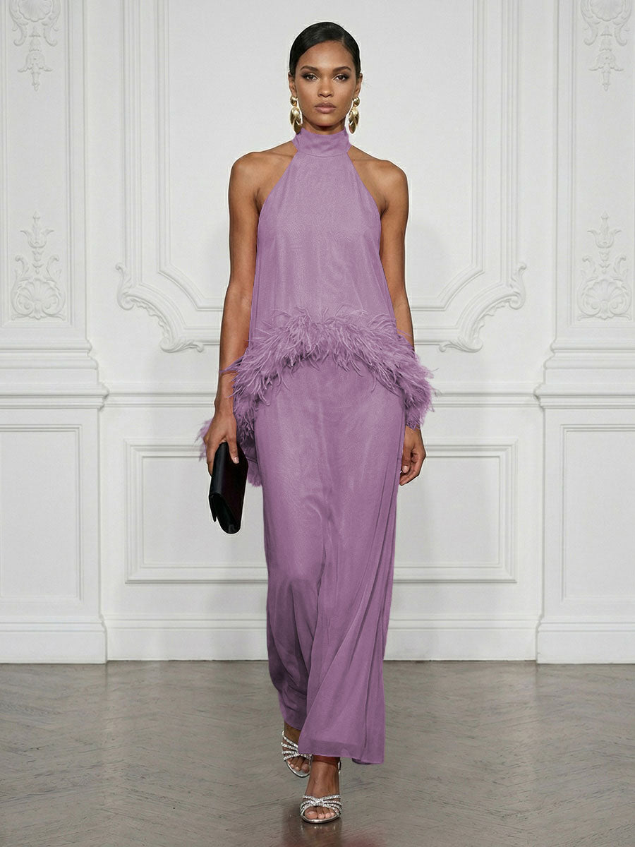 Chiffon Sheath/Column High Neck Floor-Length Cocktail Dresses with Feather Trim
