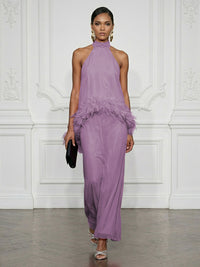 Chiffon Sheath/Column High Neck Floor-Length Cocktail Dresses with Feather Trim