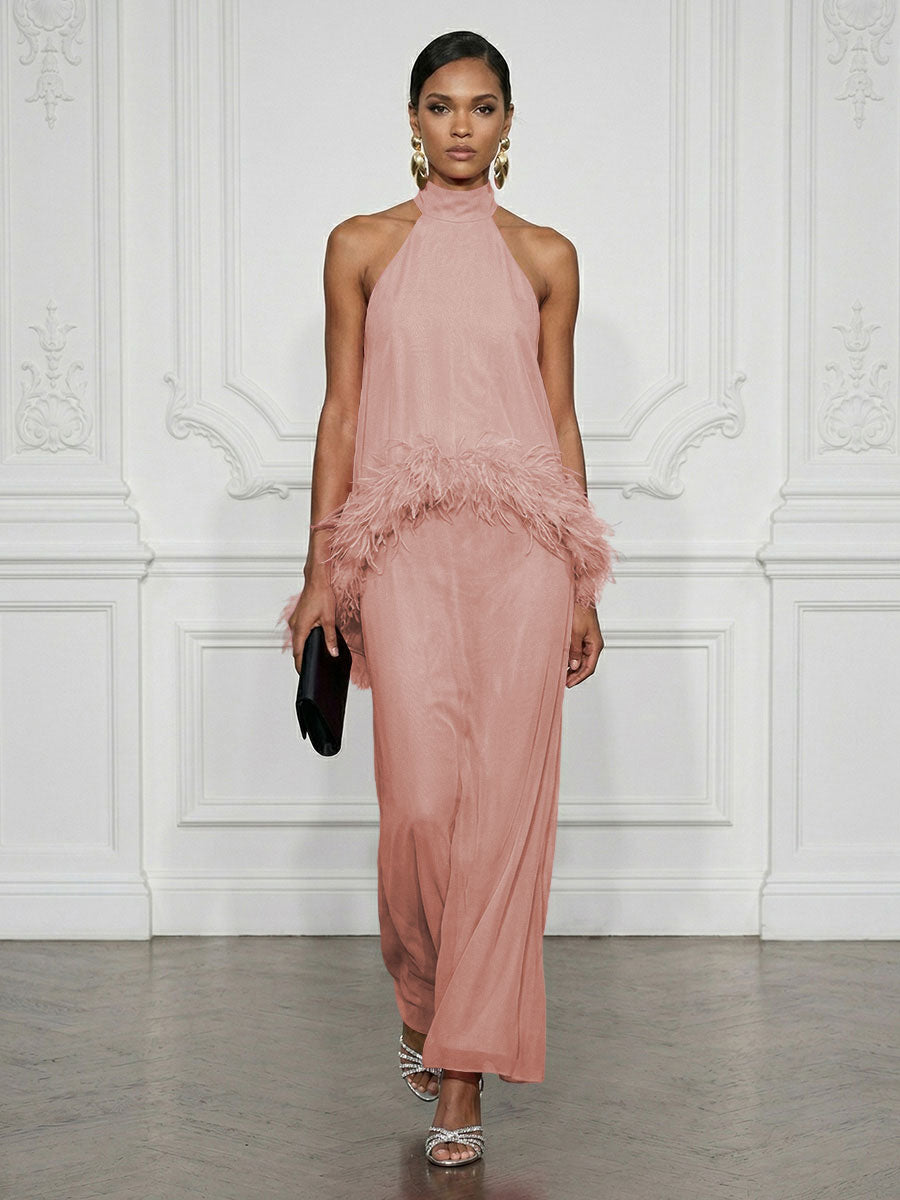 Chiffon Sheath/Column High Neck Floor-Length Cocktail Dresses with Feather Trim