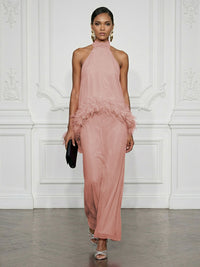 Chiffon Sheath/Column High Neck Floor-Length Cocktail Dresses with Feather Trim