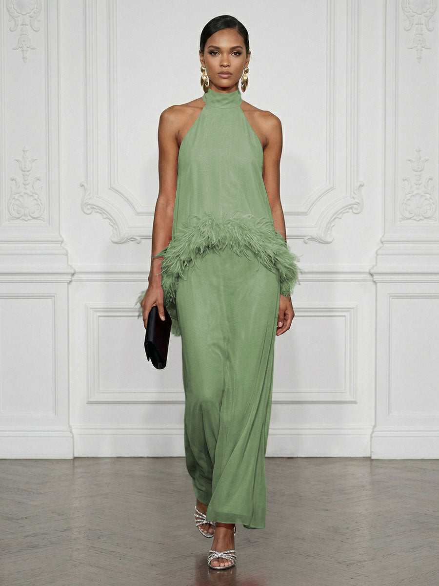 Chiffon Sheath/Column High Neck Floor-Length Cocktail Dresses with Feather Trim