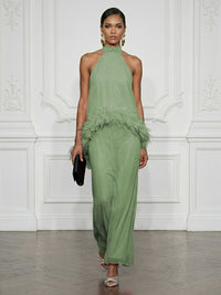 Chiffon Sheath/Column High Neck Floor-Length Cocktail Dresses with Feather Trim