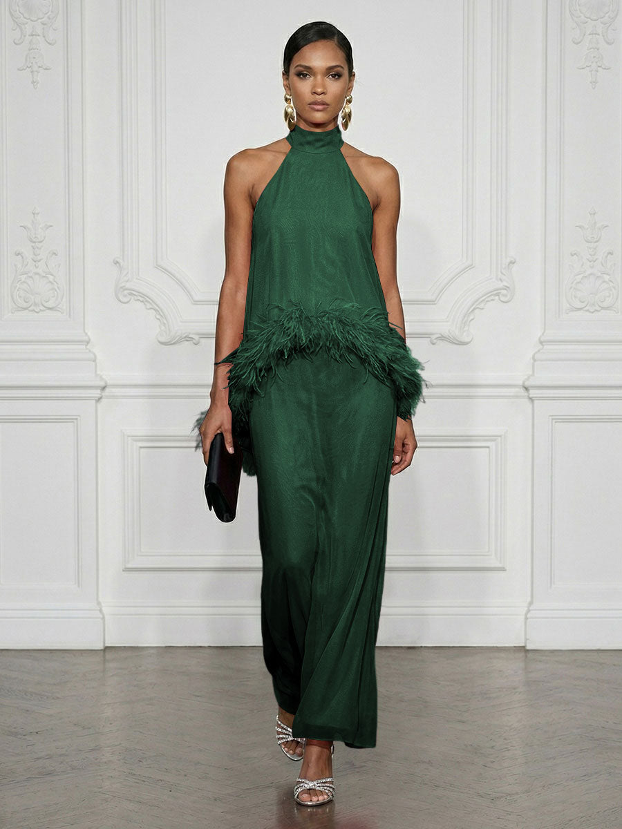 Chiffon Sheath/Column High Neck Floor-Length Cocktail Dresses with Feather Trim