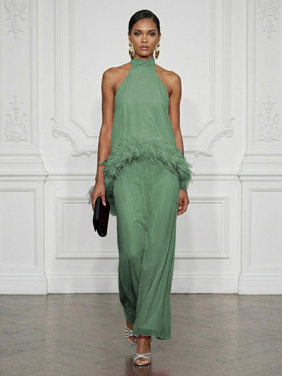 Chiffon Sheath/Column High Neck Floor-Length Cocktail Dresses with Feather Trim