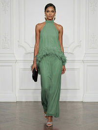 Chiffon Sheath/Column High Neck Floor-Length Cocktail Dresses with Feather Trim