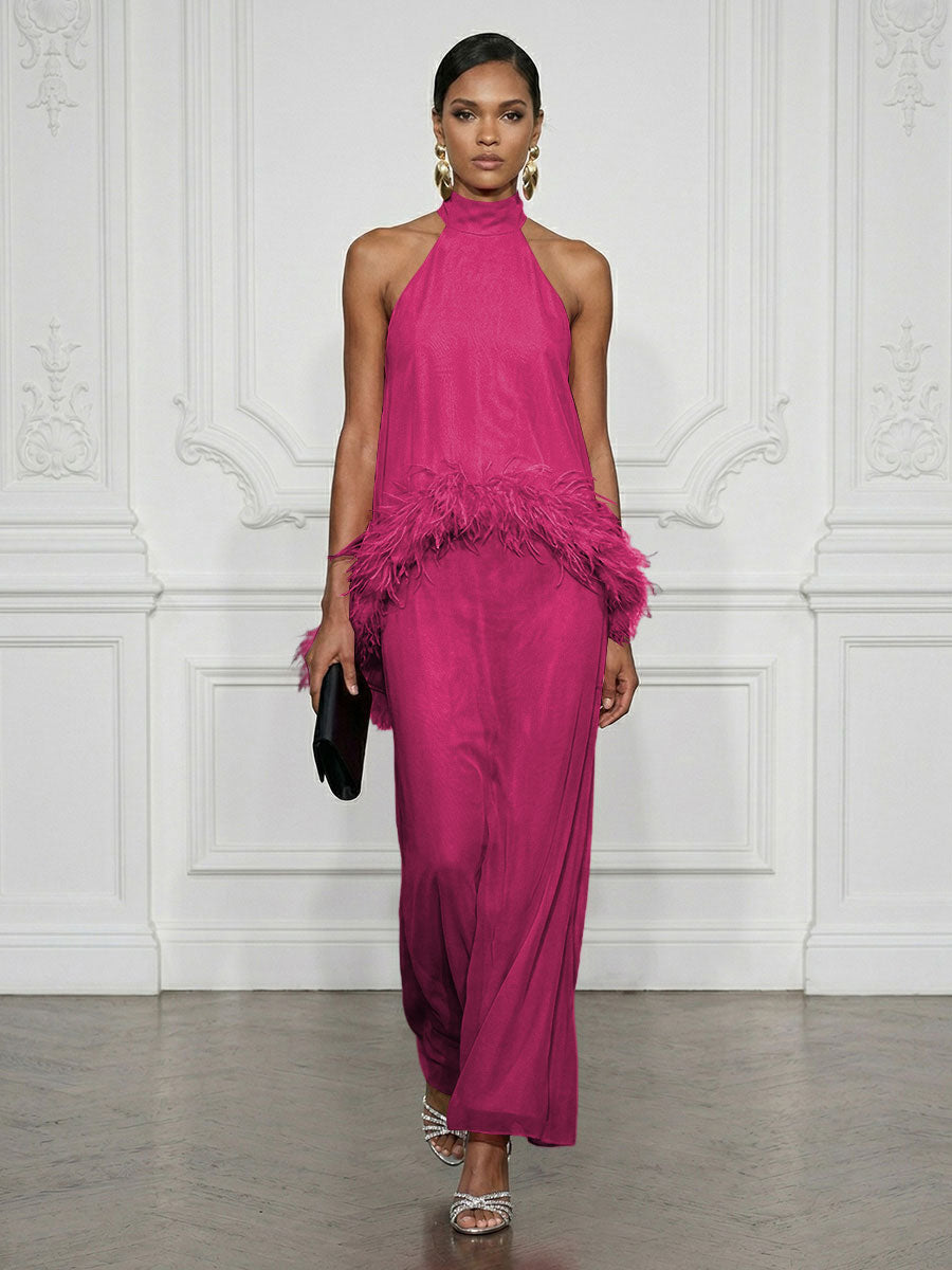 Chiffon Sheath/Column High Neck Floor-Length Cocktail Dresses with Feather Trim