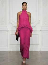 Chiffon Sheath/Column High Neck Floor-Length Cocktail Dresses with Feather Trim