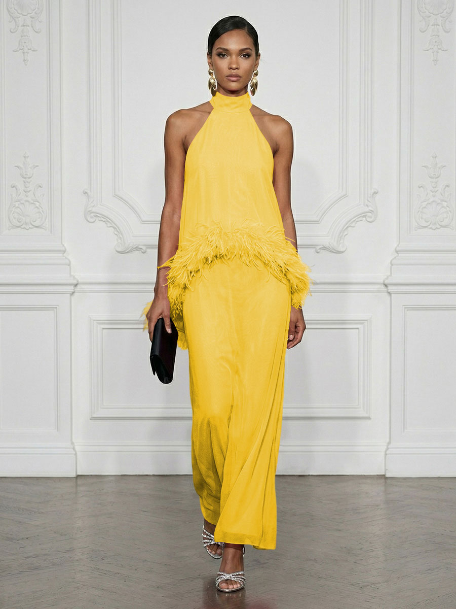 Chiffon Sheath/Column High Neck Floor-Length Cocktail Dresses with Feather Trim
