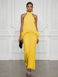 Chiffon Sheath/Column High Neck Floor-Length Cocktail Dresses with Feather Trim
