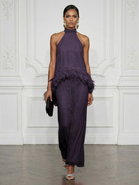 Chiffon Sheath/Column High Neck Floor-Length Cocktail Dresses with Feather Trim
