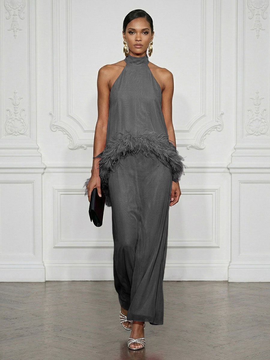 Chiffon Sheath/Column High Neck Floor-Length Cocktail Dresses with Feather Trim