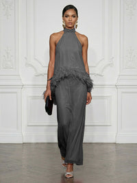 Chiffon Sheath/Column High Neck Floor-Length Cocktail Dresses with Feather Trim