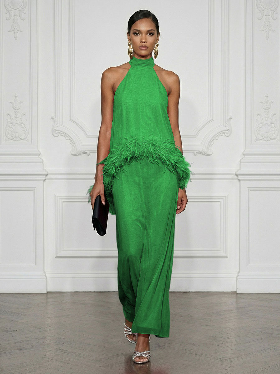 Chiffon Sheath/Column High Neck Floor-Length Cocktail Dresses with Feather Trim