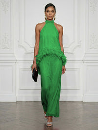 Chiffon Sheath/Column High Neck Floor-Length Cocktail Dresses with Feather Trim