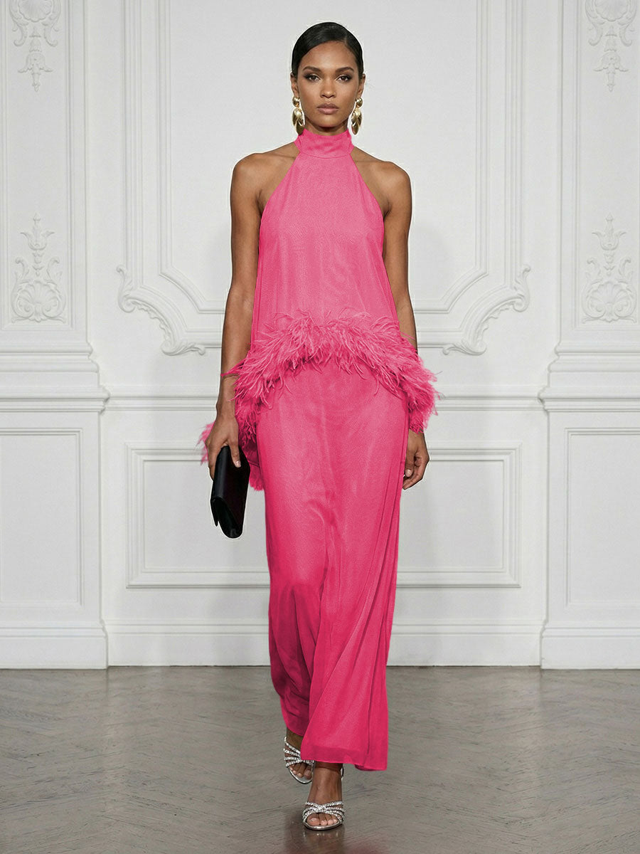 Chiffon Sheath/Column High Neck Floor-Length Cocktail Dresses with Feather Trim