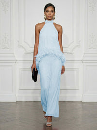 Chiffon Sheath/Column High Neck Floor-Length Cocktail Dresses with Feather Trim