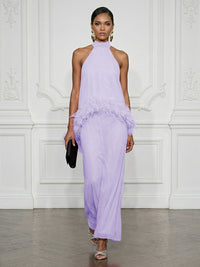 Chiffon Sheath/Column High Neck Floor-Length Cocktail Dresses with Feather Trim