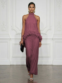 Chiffon Sheath/Column High Neck Floor-Length Cocktail Dresses with Feather Trim